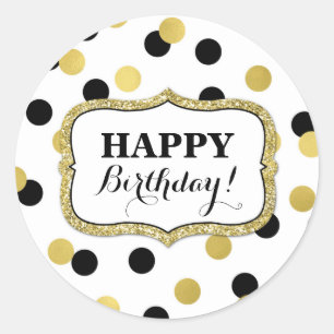 Happy Birthday Wit Zwart Goud Confetti Ronde Sticker