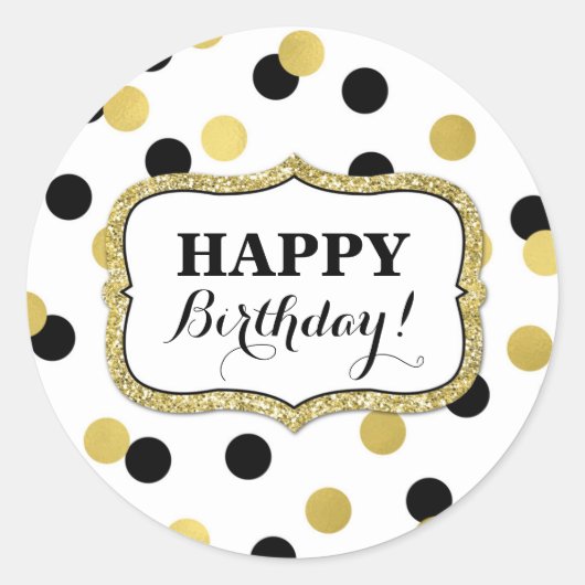 Happy Birthday Wit Zwart Goud Confetti Ronde Sticker (Voorkant)