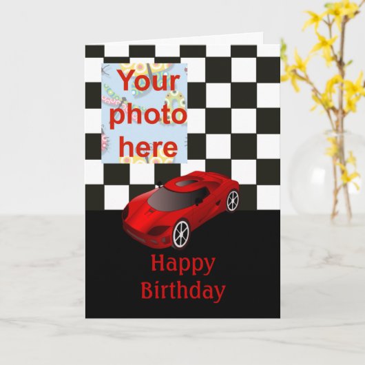 Happy birthday with red racing car kaart (Gele Bloem)