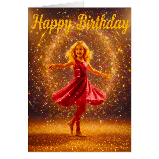 Happy Birthday with young dancing girl and glitter (Voorkant)