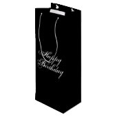 "Happy Birthday" witte letters, zwart Wijn Cadeautas (Achterkant Gekanteld)