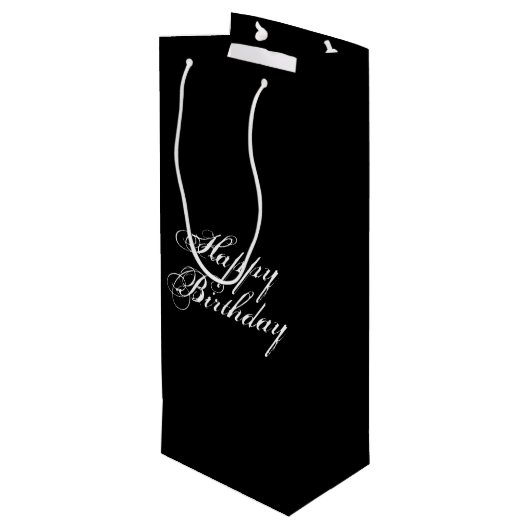 "Happy Birthday" witte letters, zwart Wijn Cadeautas (Achterkant Gekanteld)