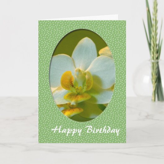 Happy Birthday, witte orchidee bloemen in groen ko Kaart (Voorkant)