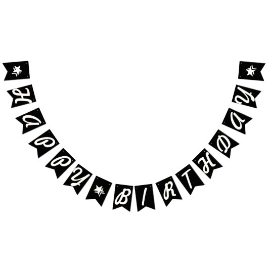 HAPPY BIRTHDAY ☆ WITTE SCRIPT TEKST OP ZWART VLAGGETJES (Alle)