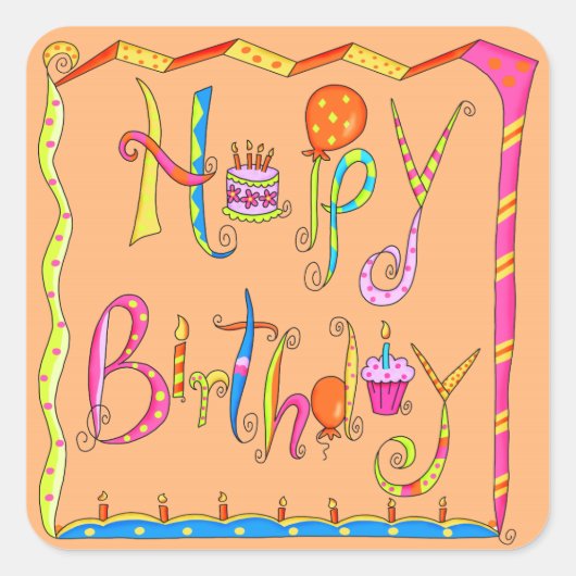 Happy Birthday Word Art Balloon Cake Sticker (Voorkant)