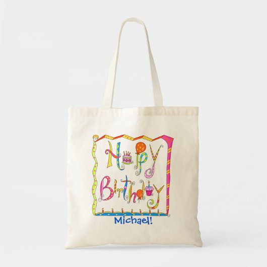 Happy Birthday Word Art Name Persoonlijk Aangepast Tote Bag (Voorkant)