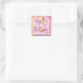 Happy Birthday Word Art roze ballonkunst Vierkante Sticker (Tas)