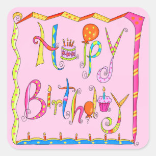 Happy Birthday Word Art roze ballonkunst Vierkante Sticker