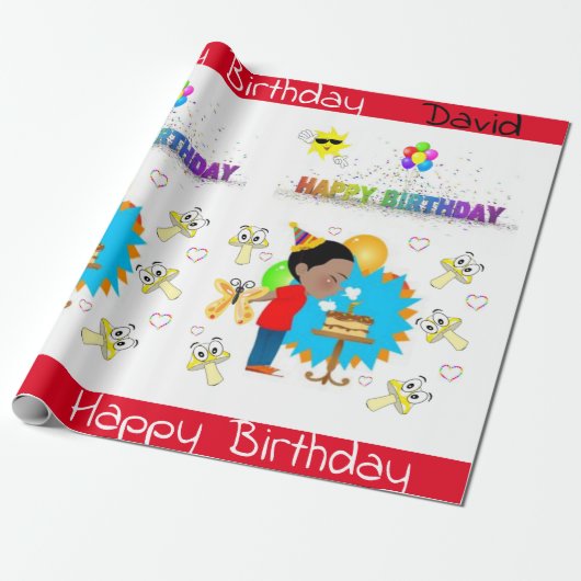 Happy Birthday Wrapping Paper African Boy paddenst Cadeaupapier (Uitgerold)