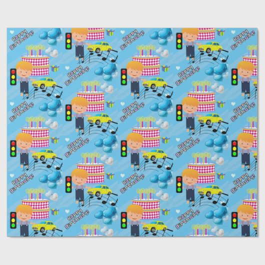 Happy Birthday Wrapping Paper Boy Car Cadeaupapier (Vlak)