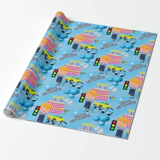 Happy Birthday Wrapping Paper Boy Car Cadeaupapier (Uitgerold)