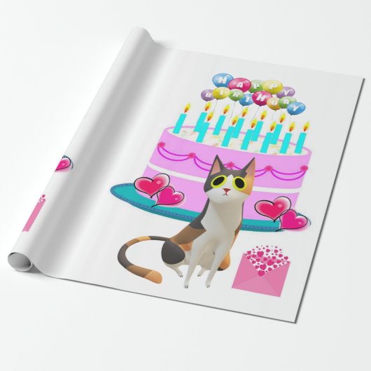 Happy Birthday Wrapping Paper Cat Lady Birthday Cadeaupapier (Uitgerold)