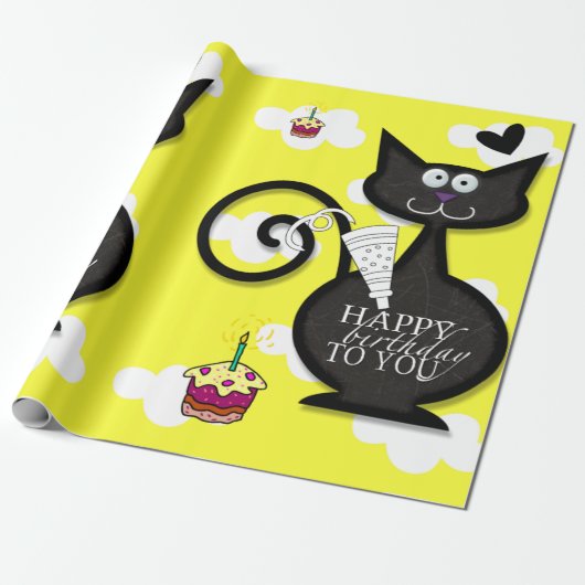 Happy Birthday Wrapping Paper Cat Lady Birthday Cadeaupapier (Uitgerold)