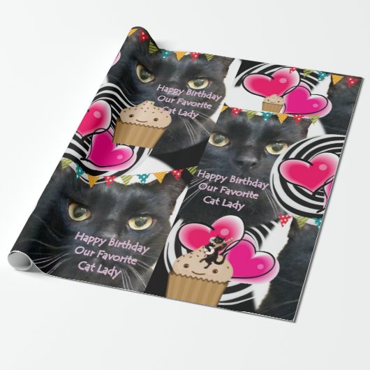 Happy Birthday Wrapping Paper Cat Lady Birthday Cadeaupapier (Uitgerold)