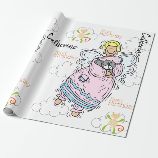 Happy Birthday Wrapping Paper Cat Lady Birthday Cadeaupapier (Uitgerold)