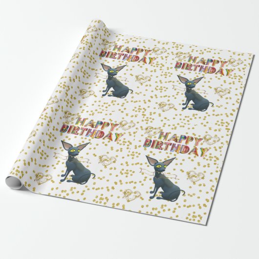 Happy Birthday Wrapping Paper Cat Lady Birthday Cadeaupapier (Uitgerold)