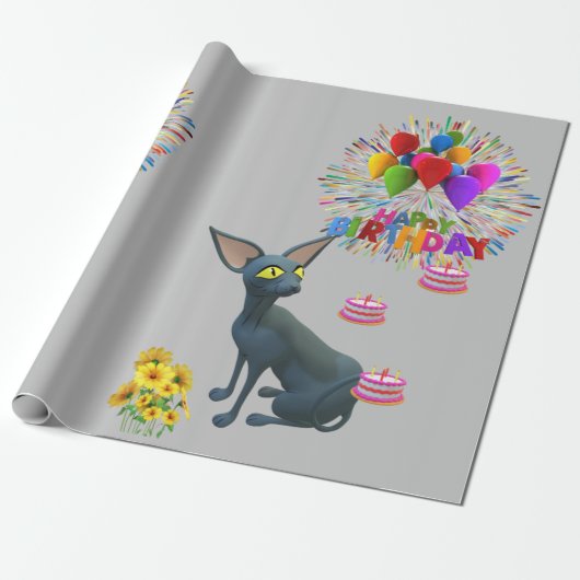 Happy Birthday Wrapping Paper Cat Lady Birthday Cadeaupapier (Uitgerold)