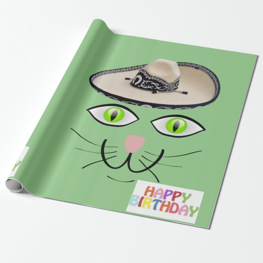 Happy Birthday Wrapping Paper Cat Lady Birthday Cadeaupapier (Uitgerold)
