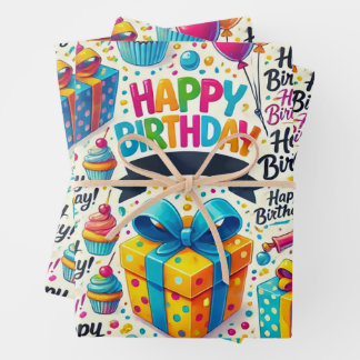 Happy Birthday Wrapping Paper Flat Sheet Set 3