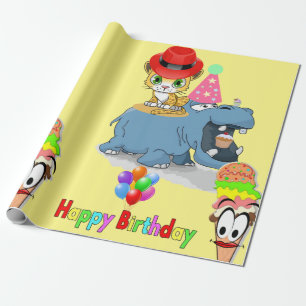 Happy Birthday Wrapping Paper Hippopotamus Kitten Cadeaupapier