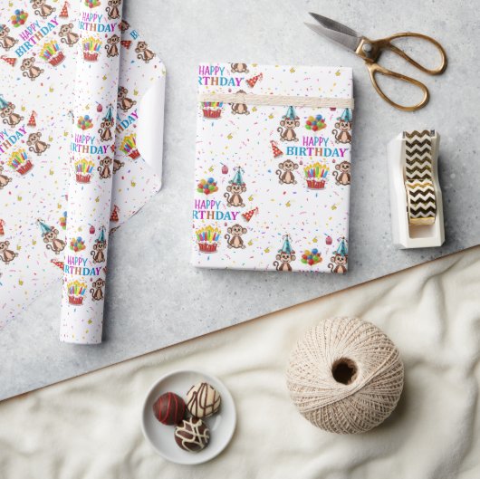 Happy Birthday Wrapping Paper Monkey Cupcake  Cadeaupapier (Crafts)