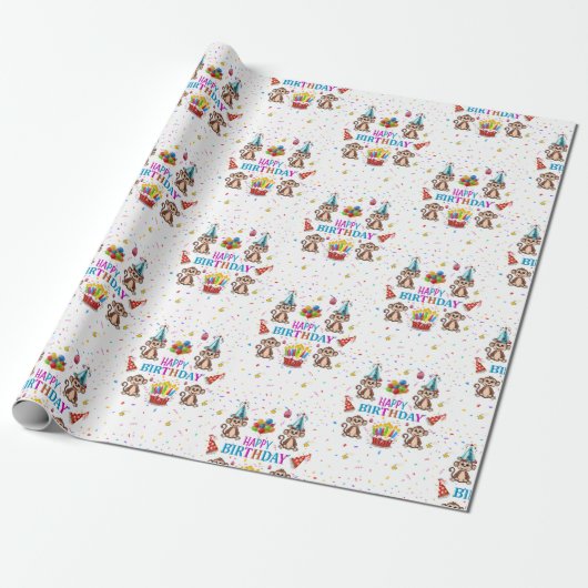 Happy Birthday Wrapping Paper Monkey Cupcake  Cadeaupapier (Uitgerold)