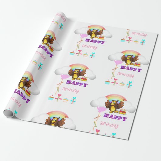 Happy Birthday Wrapping Paper Owl Cadeaupapier (Uitgerold)