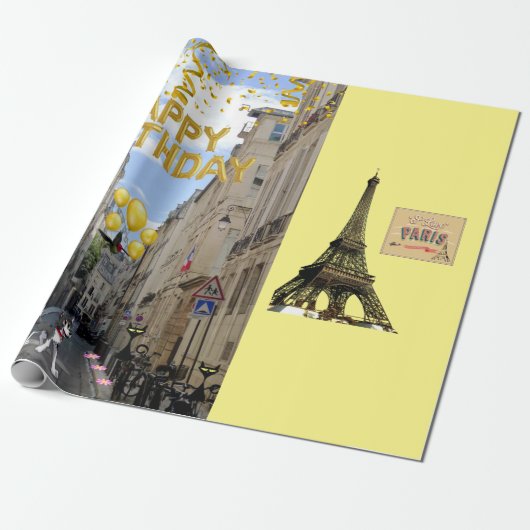 Happy Birthday Wrapping Paper Paris Frankrijk Cadeaupapier (Uitgerold)