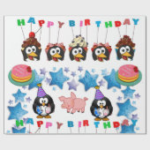 Happy Birthday Wrapping Paper Penguin Pigs Cadeaupapier (Vlak)