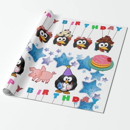 Happy Birthday Wrapping Paper Penguin Pigs Cadeaupapier (Uitgerold)