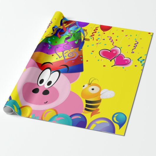 Happy Birthday Wrapping Paper Pig Bumblebee Cadeaupapier (Uitgerold)