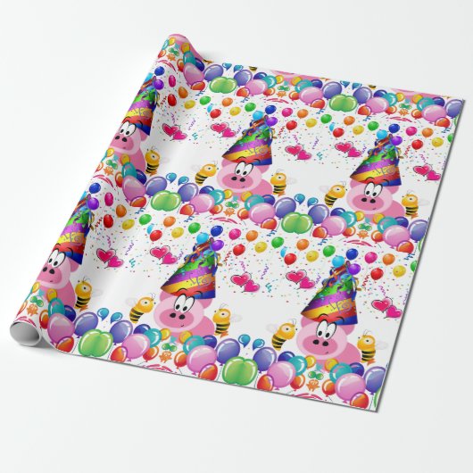 Happy Birthday Wrapping Paper Pig Bumblebee Cadeaupapier (Uitgerold)