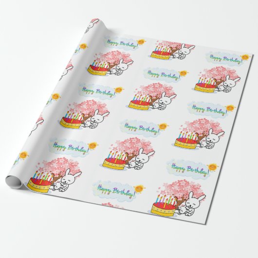 Happy Birthday Wrapping Paper Rabbit Cake Cadeaupapier (Uitgerold)