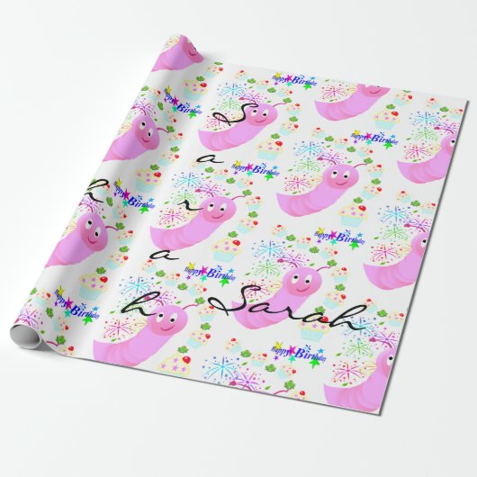 Happy Birthday Wrapping Paper Roze Worm Cupcakes Cadeaupapier (Uitgerold)