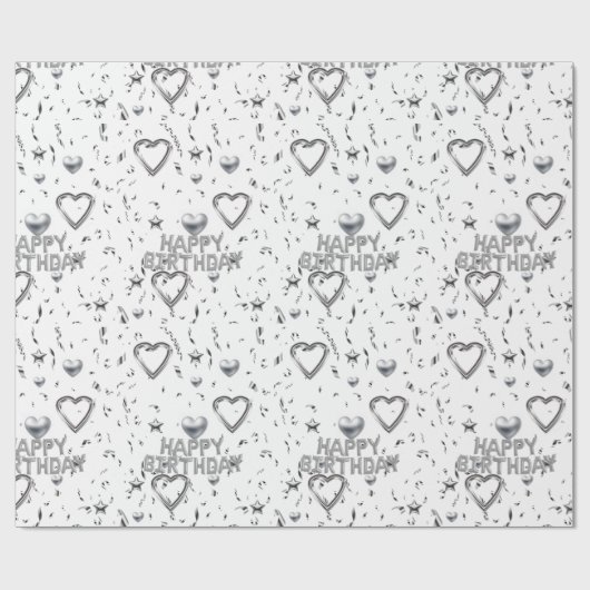 Happy Birthday Wrapping Paper Silver Hearts Cadeaupapier (Vlak)