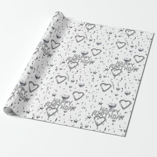 Happy Birthday Wrapping Paper Silver Hearts Cadeaupapier (Uitgerold)
