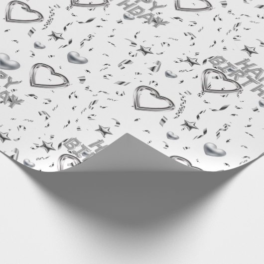 Happy Birthday Wrapping Paper Silver Hearts Cadeaupapier (Hoek)