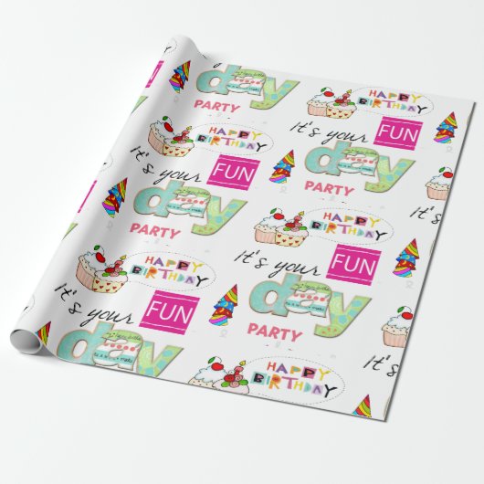Happy Birthday Wrapping Papier FUN Cupcake (Uitgerold)