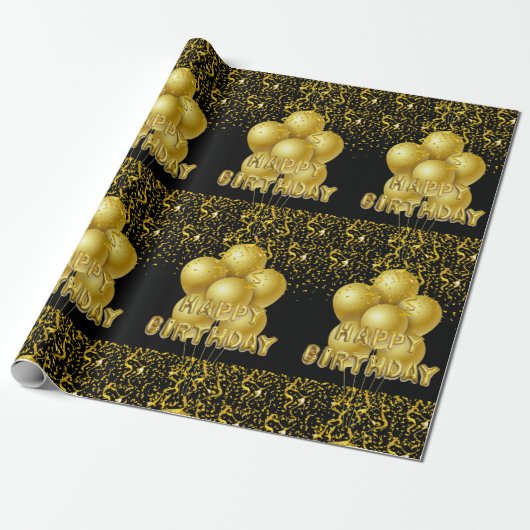 Happy Birthday Wrapping zwart gouden ballonnen Cadeaupapier (Uitgerold)