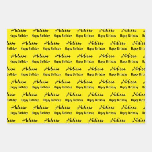 Happy Birthday Yellow and Black Name Pattern Inpakpapier Vel (Voorkant 3)