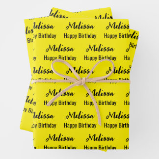 Happy Birthday Yellow and Black Name Pattern Inpakpapier Vel