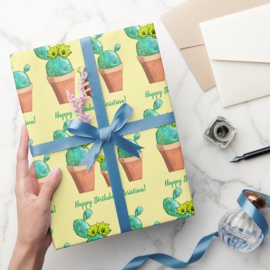 Happy Birthday Yellow Flowering Potted Cactus Cadeaupapier (Geschenken)
