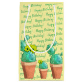 Happy Birthday Yellow Flowering Potted Cactus Klein Cadeauzakje (Voorkant)