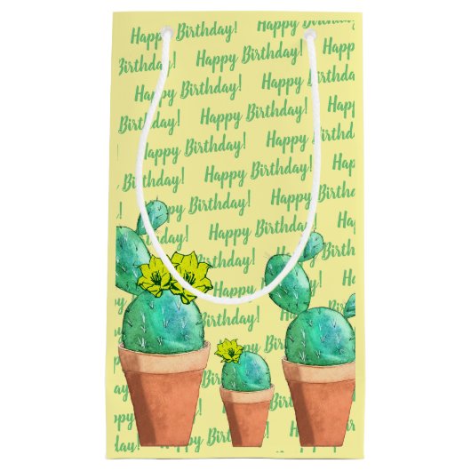 Happy Birthday Yellow Flowering Potted Cactus Klein Cadeauzakje (Voorkant)