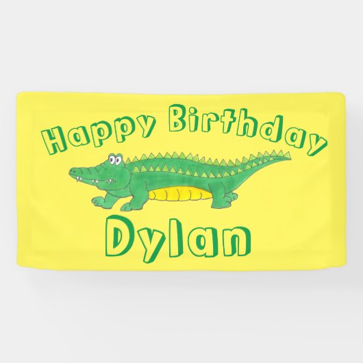 Happy Birthday Yellow Green Alligator Crocodile Spandoek (Horizontaal)