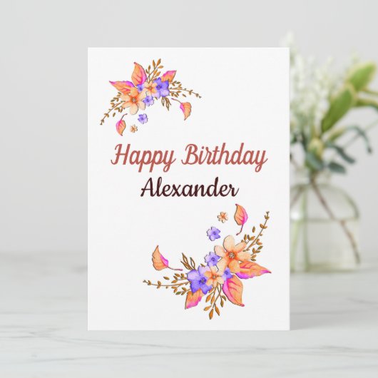 Happy Birthday Yellow Purple Flowers Waterverf Kaart (Staand voorkant)