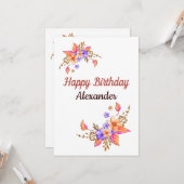 Happy Birthday Yellow Purple Flowers Waterverf Kaart (Voorkant / Achterkant in situ)