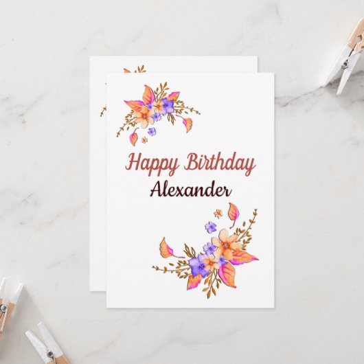 Happy Birthday Yellow Purple Flowers Waterverf Kaart (Voorkant / Achterkant in situ)