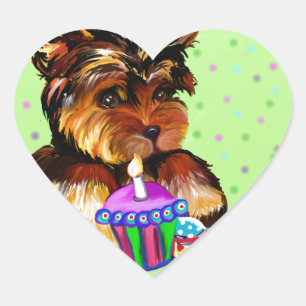 HAPPY BIRTHDAY YORKIE POO HART STICKER