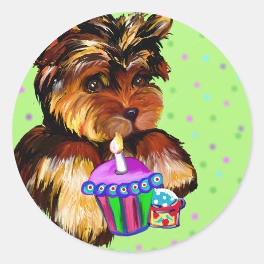 HAPPY BIRTHDAY YORKIE POO RONDE STICKER (Voorkant)